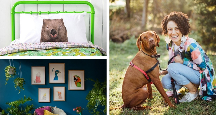 Photo: Dee, her dog, and animal prints on pillowcase and hanging in photo frames.